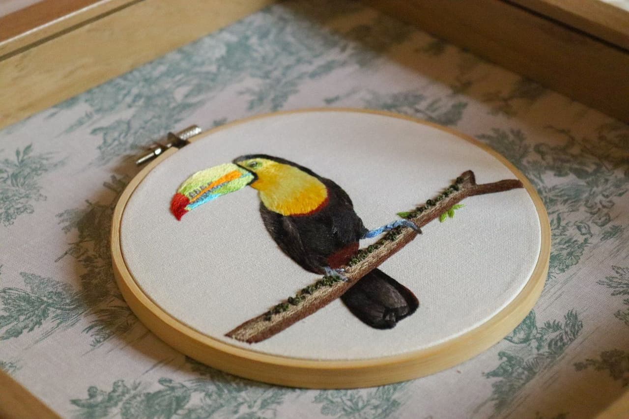 Le Toucan à bec arc-en-ciel, broderie peinture à l'aiguille