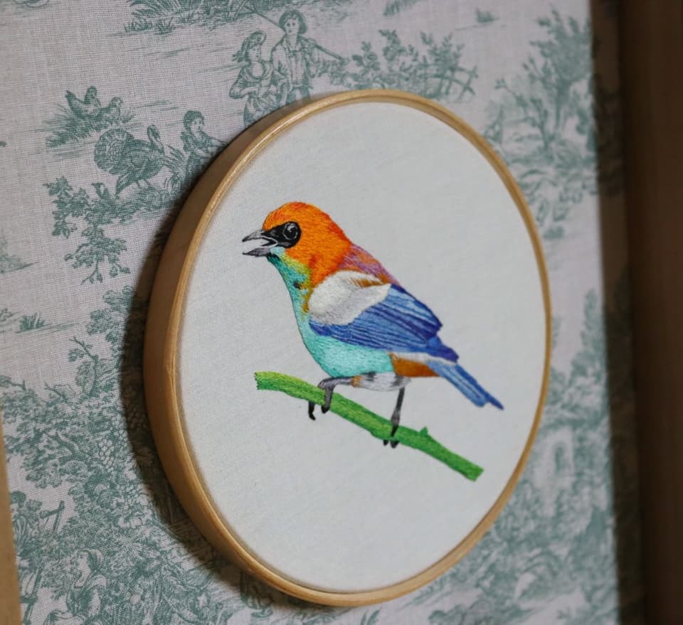 Le Tangara précieux, broderie peinture à l'aiguille